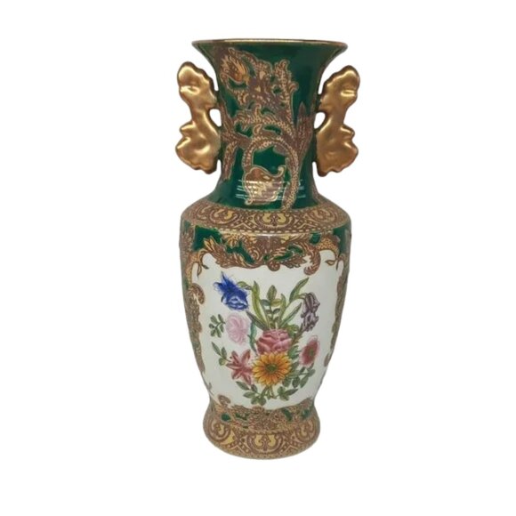 LARGE 10.5" Chinese Porcelain Vase with Gold Gilded Handles Hand Painted - Picture 1 of 10